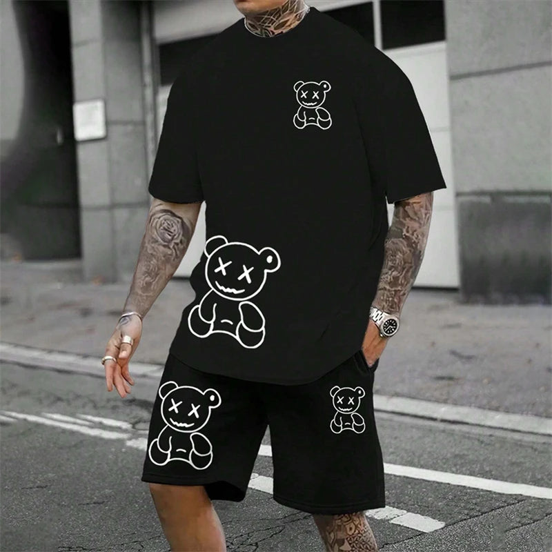 2026 Fun Bear Harajuku T-shirt Hommes Été Lâche Quotidien Couple Costume Extérieur Street Short à Manches Courtes Deux Pièces Costume D’Été Pour Hommes