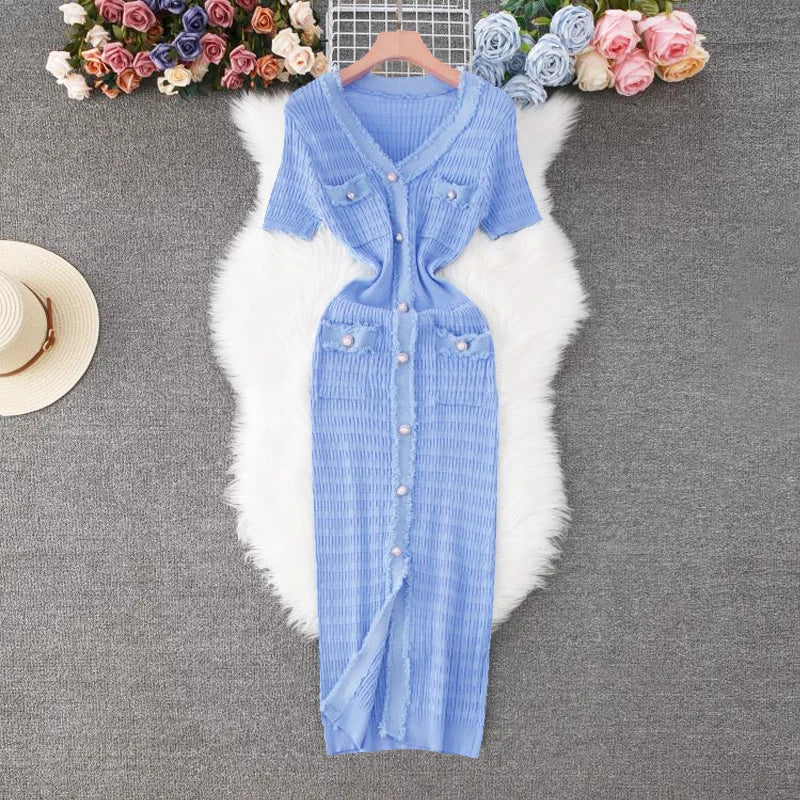 YuooMuoo 2026 Nouvelle Arrivée Femmes Tricoté Longue Robe Élégante Col En V Simple Brein Fendu Pull Robe Bureau Dame Vestidos