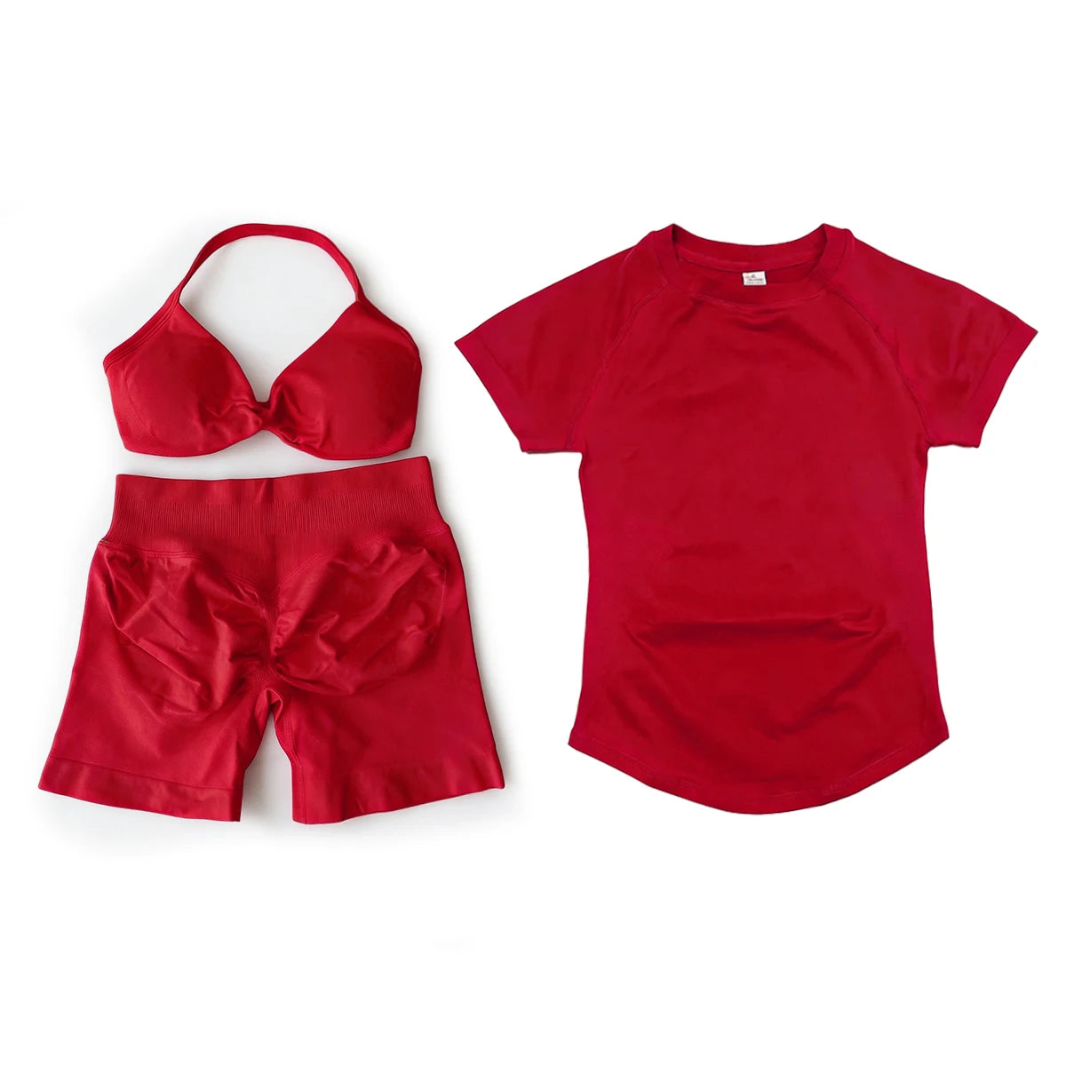 3 Pieces Gym Set Woman Seamless Short Sleeve Top & Scrunch Gym Shorts& Sport Strappy Bra Bodysuit Workout Suits Gym Clothes