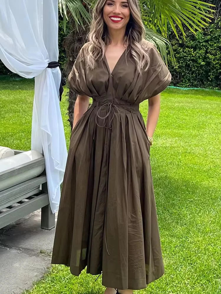 HH Femmes Nouvelle mode Col en V Plissée Épaule Robe mi-longue à manches courtes Tempérament féminin Robe longue décontractée à taille haute