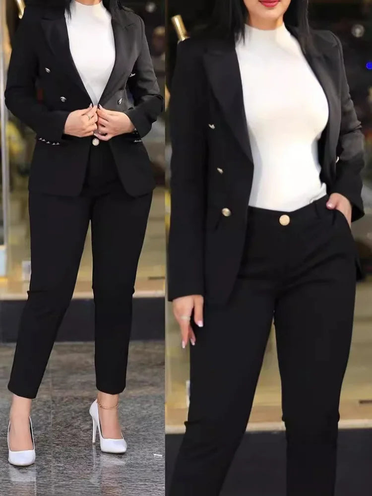 2Pcs Costume de couleur unie pour femmes + pantalon Ensemble deux pièces Slim Fit Business Fashion Double Breasted Formal Women’s Clothes Outfit