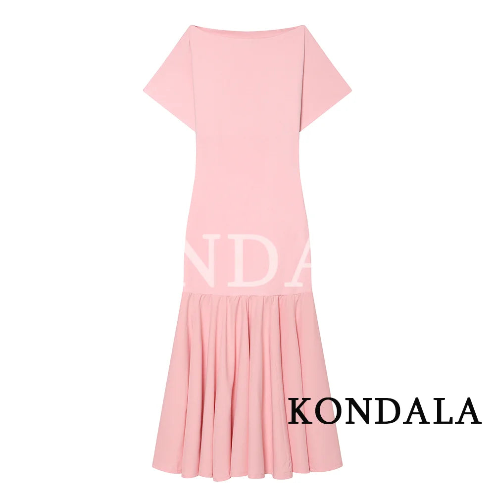 KONDALA Vintage Boat Collar Long Dress Women's Elegant Casual Splicing Pleated Dress New 2026 Spring Summer Fashion Slim Dress