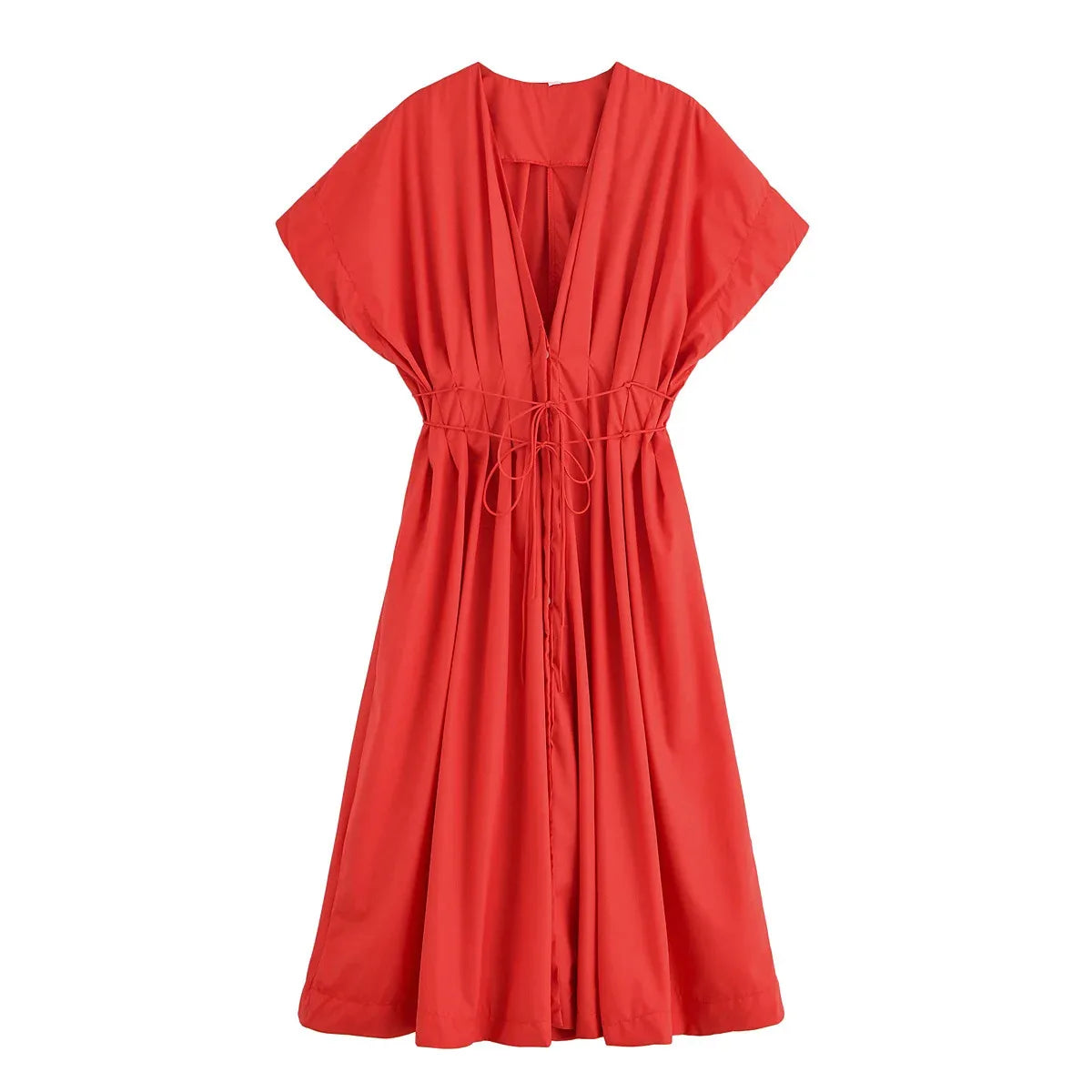 HH Femmes Nouvelle mode Col en V Plissée Épaule Robe mi-longue à manches courtes Tempérament féminin Robe longue décontractée à taille haute