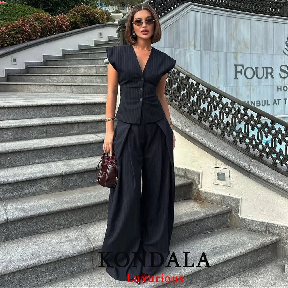 KONDALA Vintage Stripe Print Femmes Costumes V Neck Buttons Gilet Taille haute Pantalon à jambes larges Mode 2026 Printemps Été Costumes de bureau