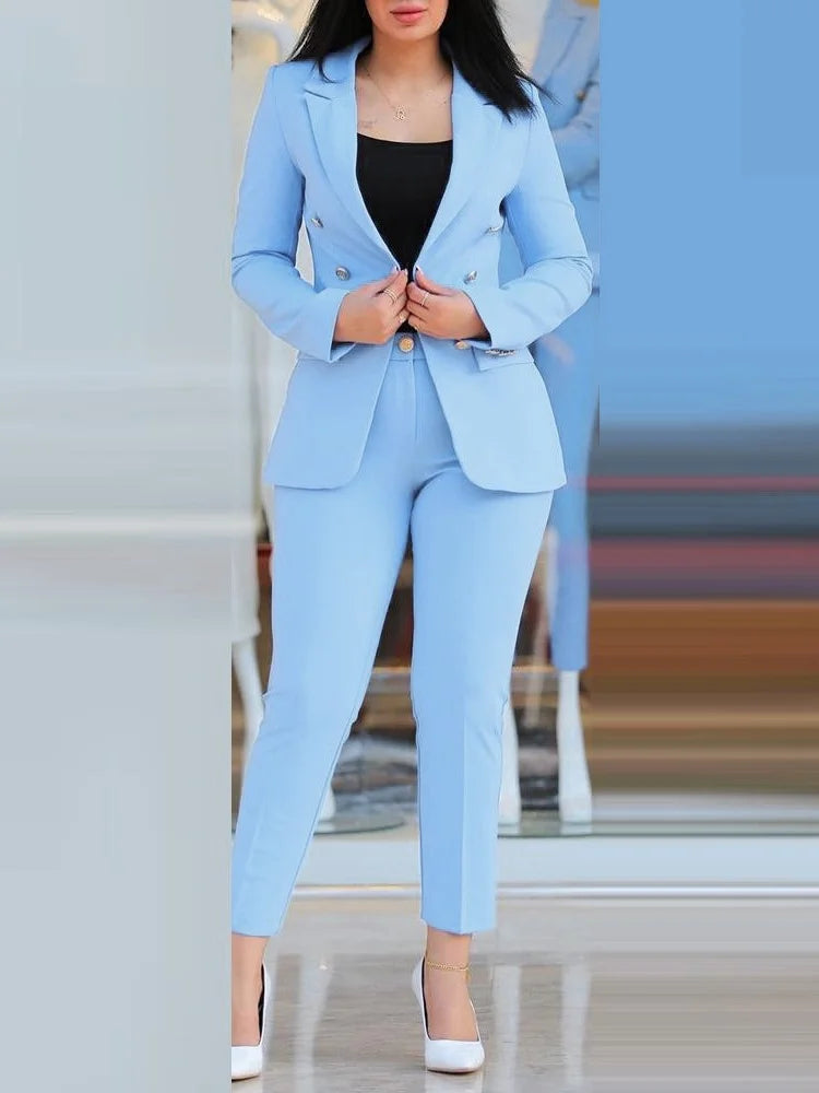 2Pcs Costume de couleur unie pour femmes + pantalon Ensemble deux pièces Slim Fit Business Fashion Double Breasted Formal Women’s Clothes Outfit