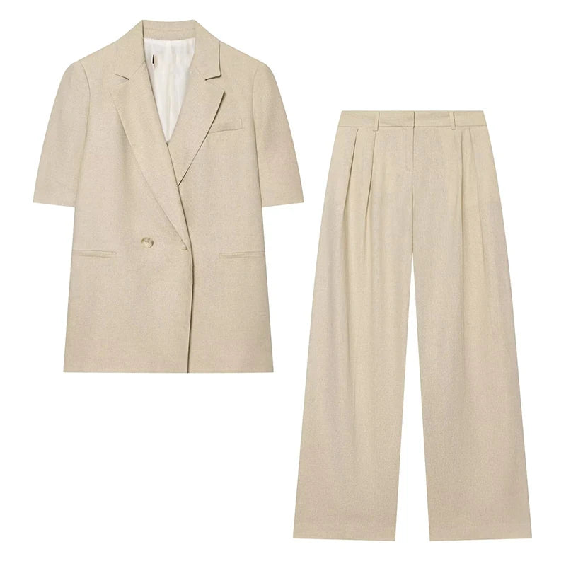 2026 Veste blazer pour femmes Costume Élégant à manches courtes à double boutonnage Vestes ajustées Pantalon droit Ensemble de navetteur pour femme