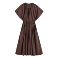 HH Femmes Nouvelle mode Col en V Plissée Épaule Robe mi-longue à manches courtes Tempérament féminin Robe longue décontractée à taille haute