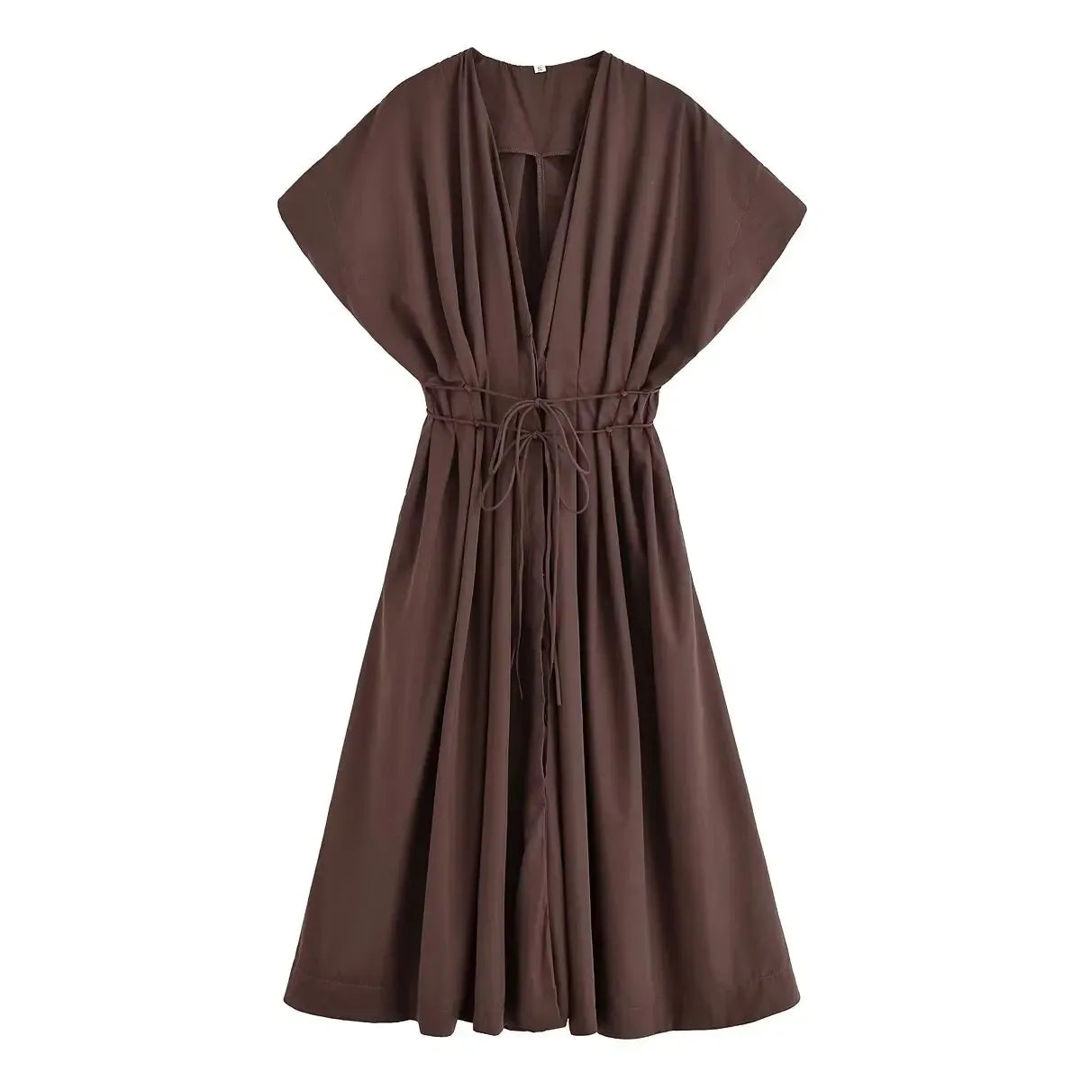 HH Femmes Nouvelle mode Col en V Plissée Épaule Robe mi-longue à manches courtes Tempérament féminin Robe longue décontractée à taille haute