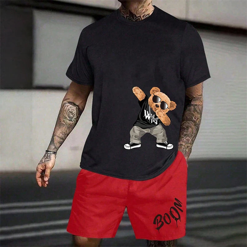 2026 Fun Bear Harajuku T-shirt Hommes Été Lâche Quotidien Couple Costume Extérieur Street Short à Manches Courtes Deux Pièces Costume D’Été Pour Hommes