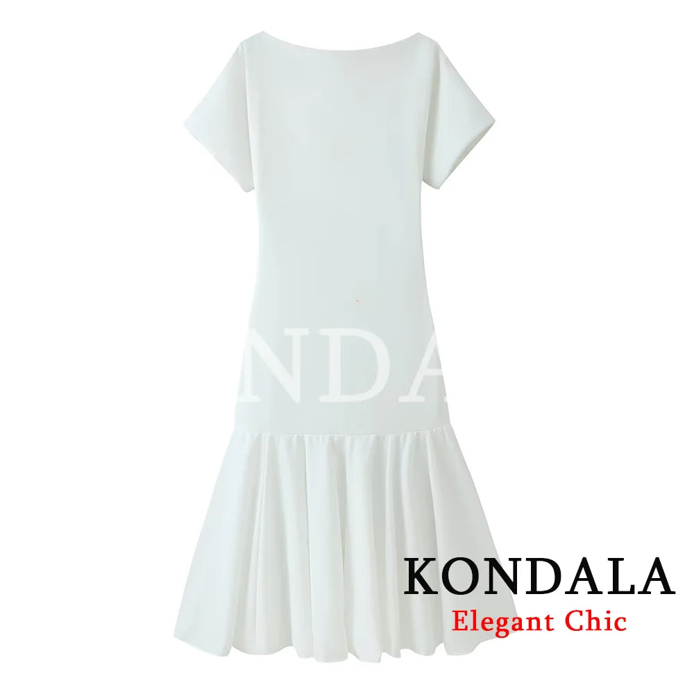 KONDALA Vintage Boat Collar Long Dress Women's Elegant Casual Splicing Pleated Dress New 2026 Spring Summer Fashion Slim Dress