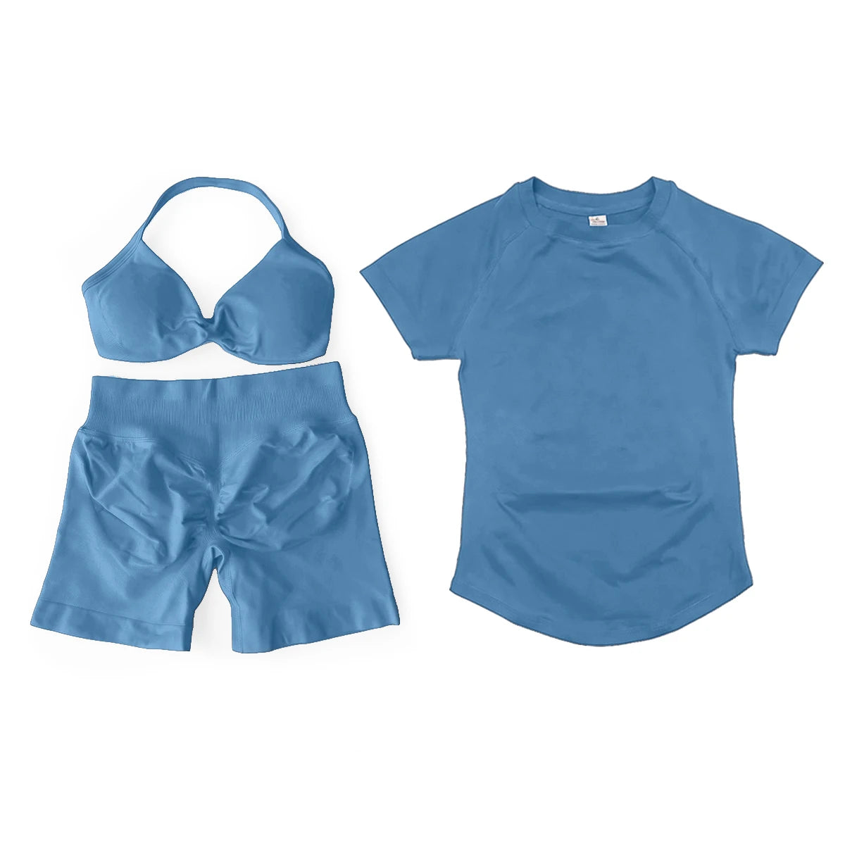 3 Pieces Gym Set Woman Seamless Short Sleeve Top & Scrunch Gym Shorts& Sport Strappy Bra Bodysuit Workout Suits Gym Clothes