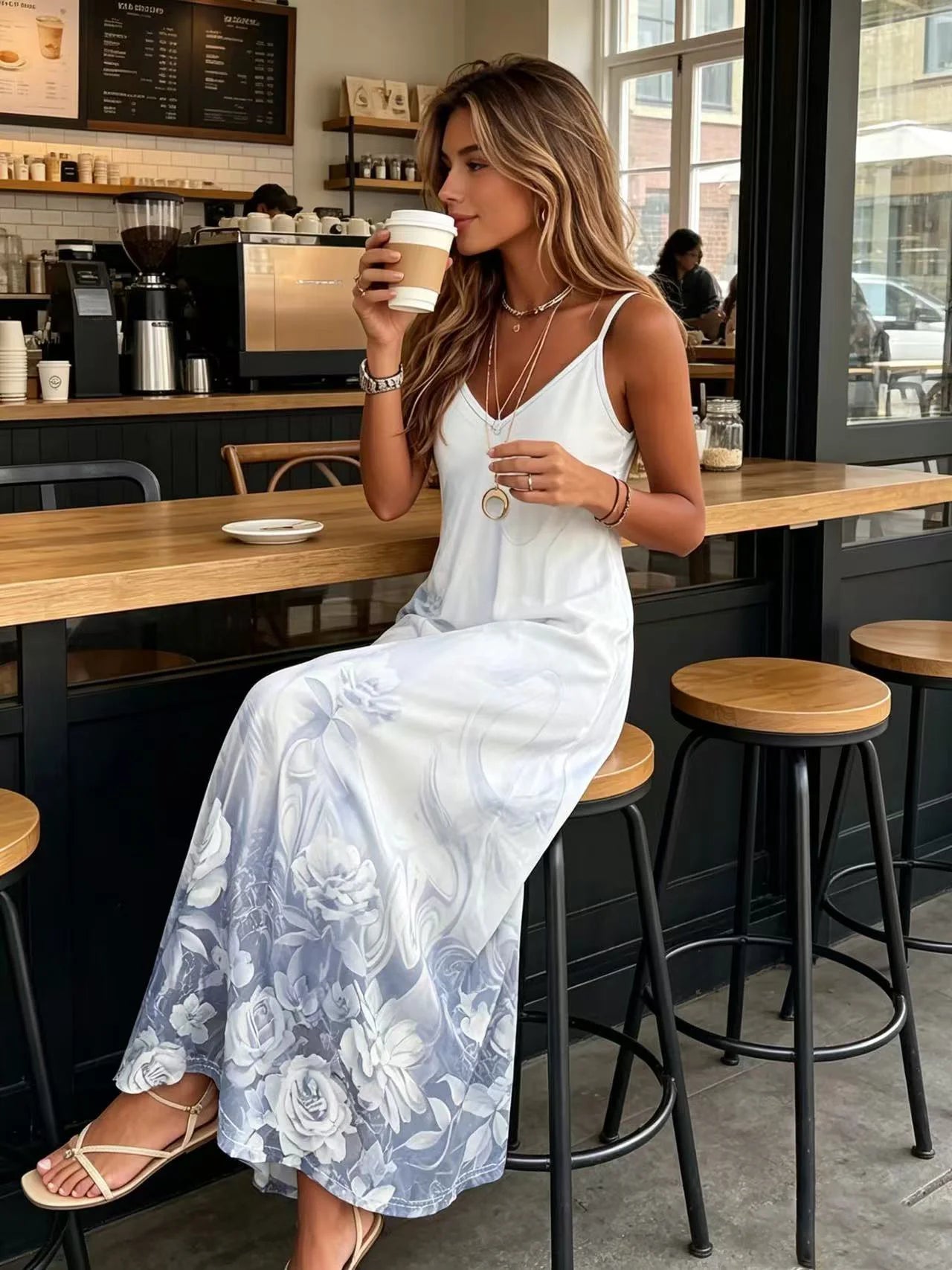 Robe élégante à bretelles à col en V à imprimé floral pour femmes, adaptée aux vêtements décontractés de tous les jours, aux vacances, aux fêtes et au shopping