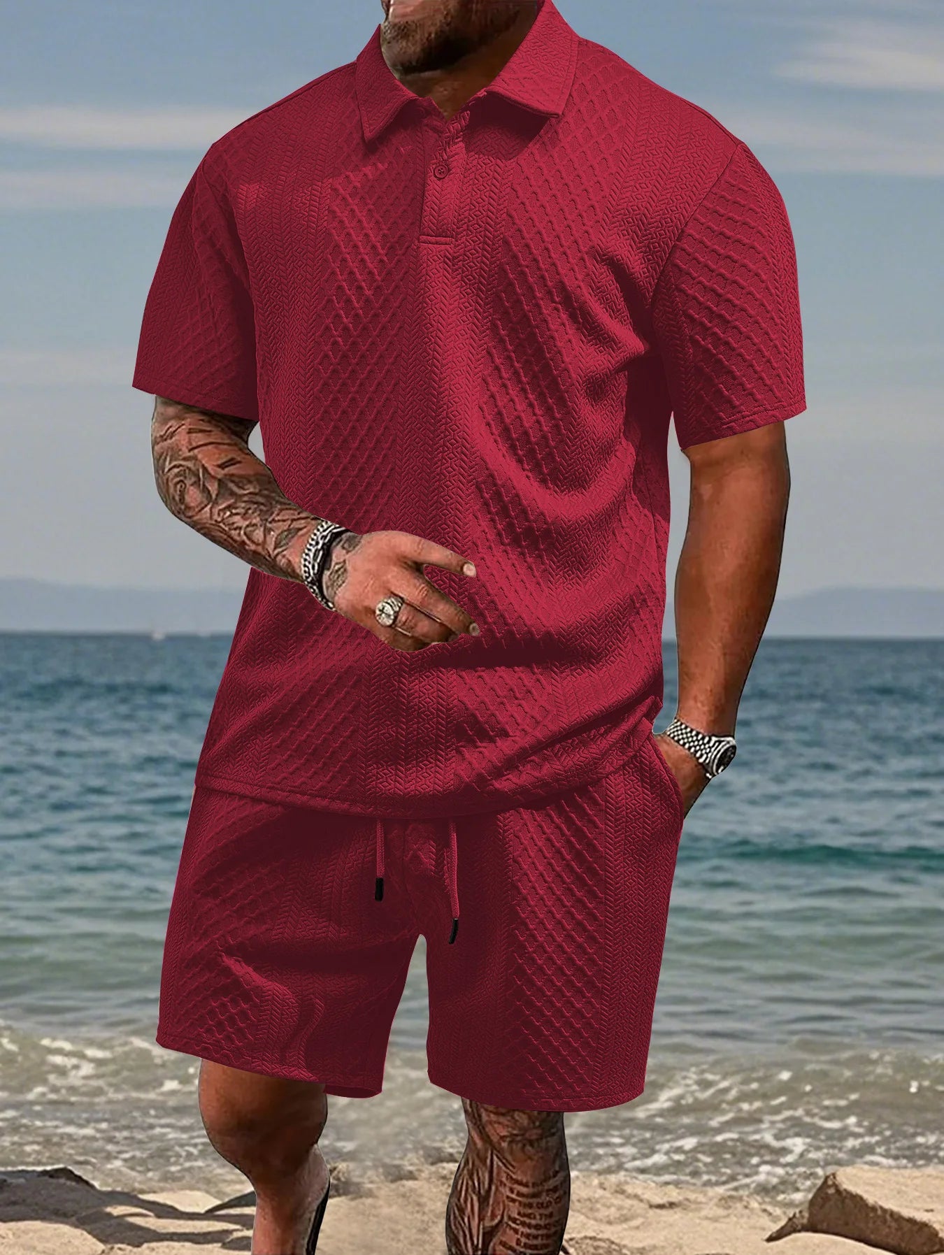 2025 Été Nouveau Décontracté Pour Hommes Avec Un Revers, Chemise Et Short À Manches Courtes Pour Hommes, Costume En Texture Jacquard