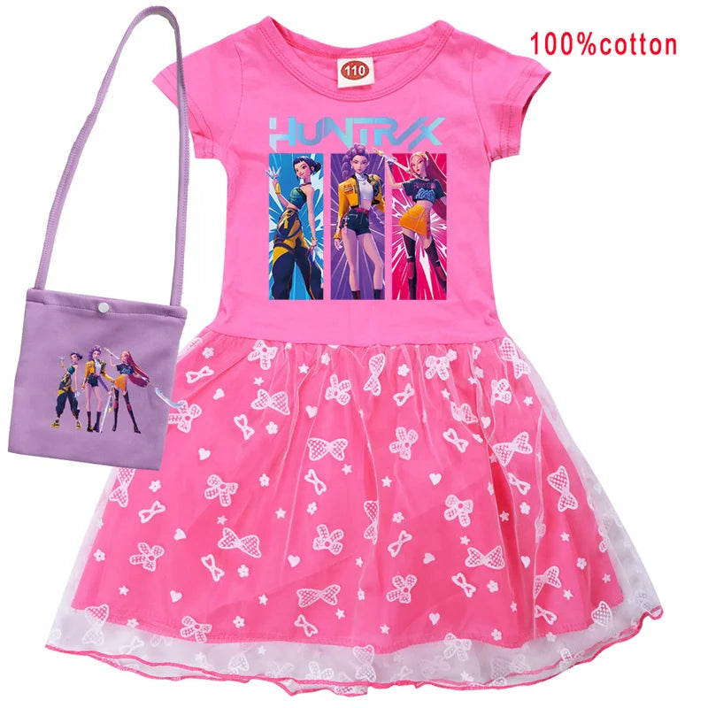 KPop Demon Hunters Rumi Dress Kids Summer Dress Baby Girl's Casual Dresses & Bag 2pcs Sets Lovely Wedding Party Princess Vestido
