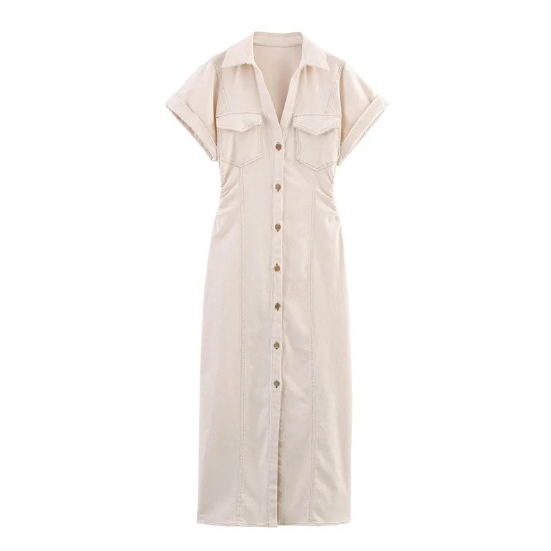 Nouvelles robes longues 2025 Femme Mode Été Col en V Simple Breasted Slim Fit Jupes en jean Vêtements pour femmes Hauts