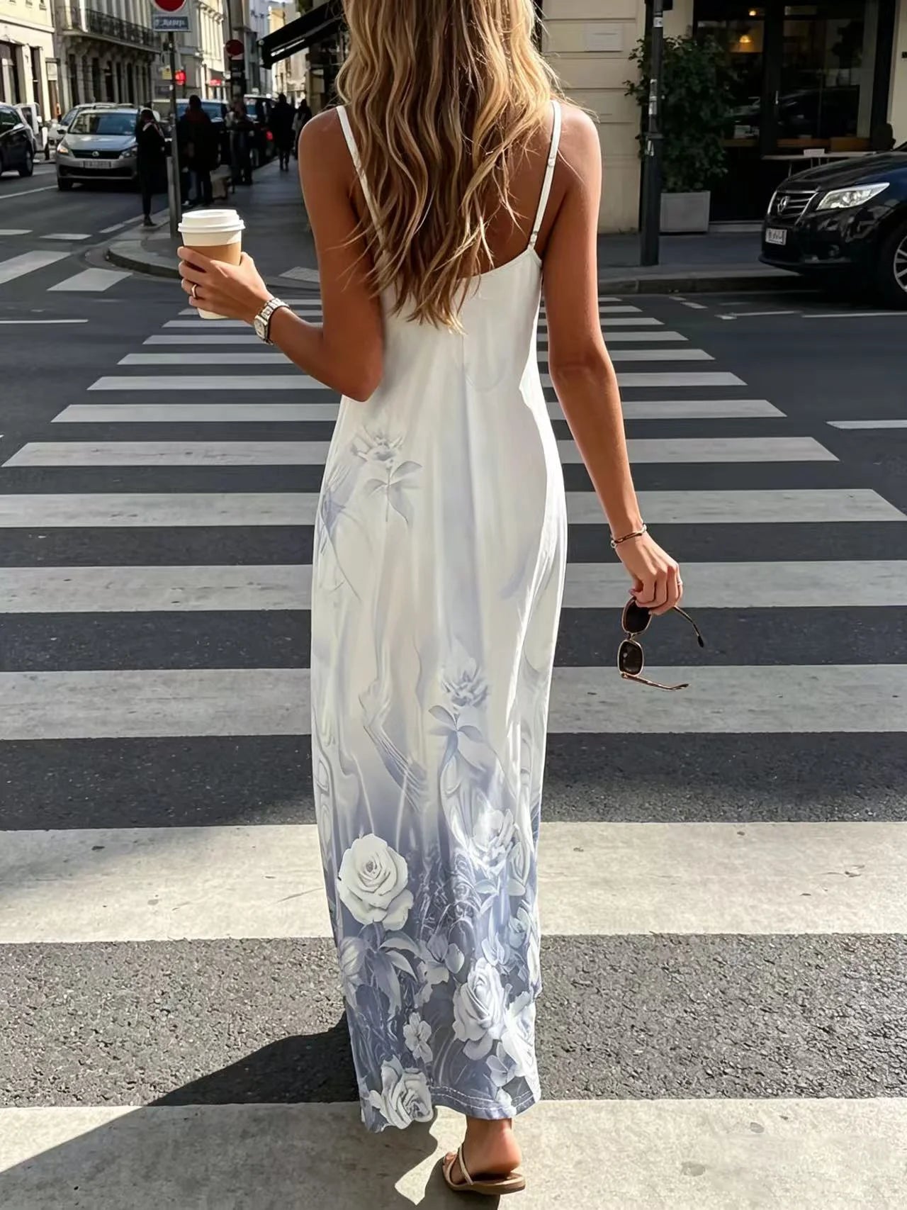 Robe élégante à bretelles à col en V à imprimé floral pour femmes, adaptée aux vêtements décontractés de tous les jours, aux vacances, aux fêtes et au shopping