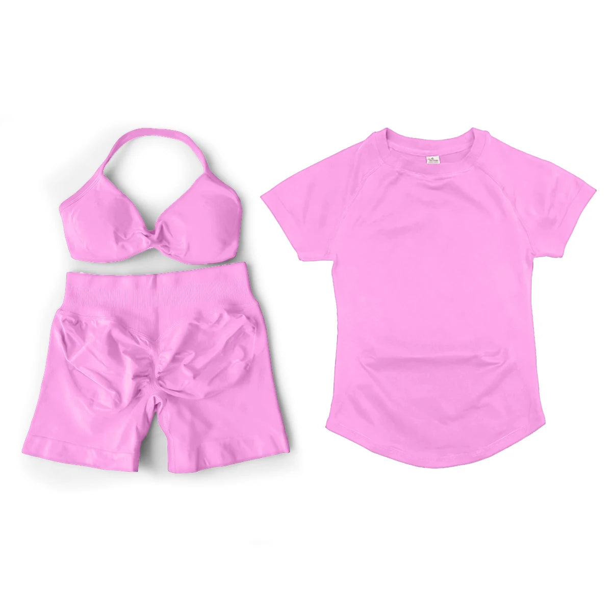 3 Pieces Gym Set Woman Seamless Short Sleeve Top & Scrunch Gym Shorts& Sport Strappy Bra Bodysuit Workout Suits Gym Clothes
