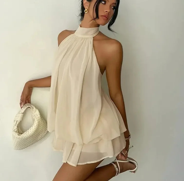 Robe  pour femme dos nu, cravate avant, mini-robe transparente en mousseline de soie, mode, sexy, vintage, robe d’anniversaire mignonne