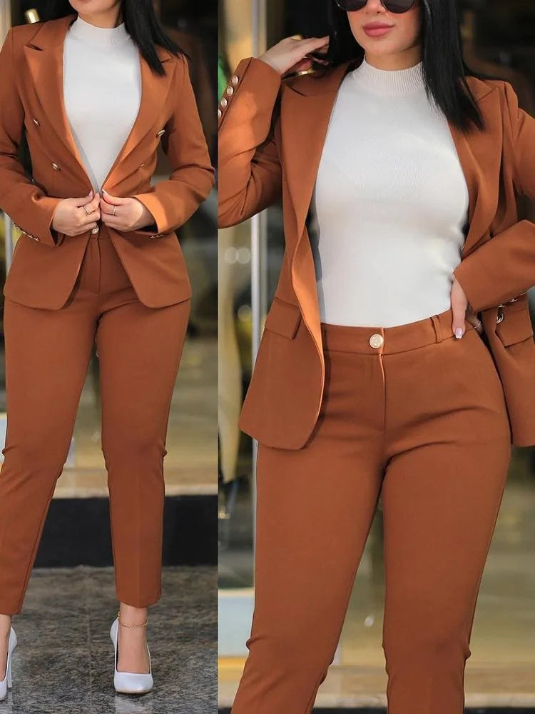 2Pcs Costume de couleur unie pour femmes + pantalon Ensemble deux pièces Slim Fit Business Fashion Double Breasted Formal Women’s Clothes Outfit