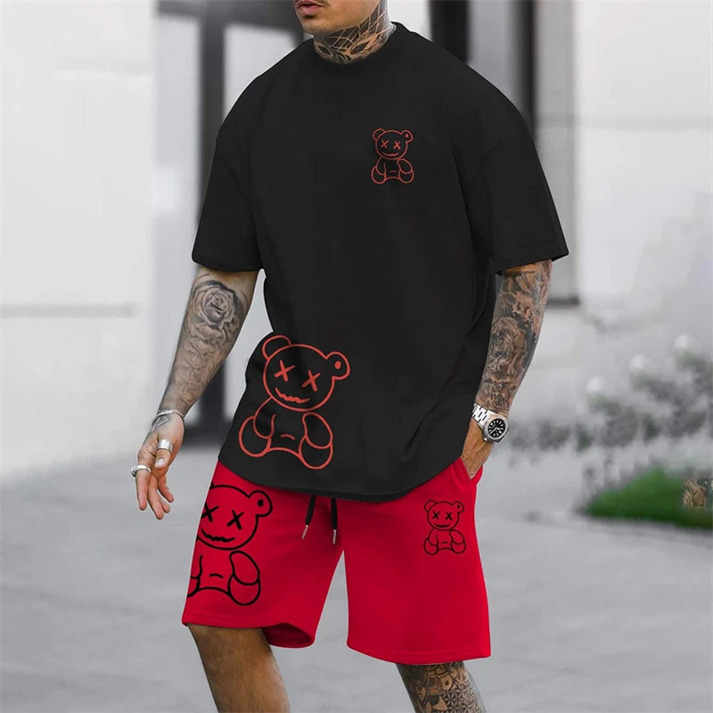 2026 Fun Bear Harajuku T-shirt Hommes Été Lâche Quotidien Couple Costume Extérieur Street Short à Manches Courtes Deux Pièces Costume D’Été Pour Hommes