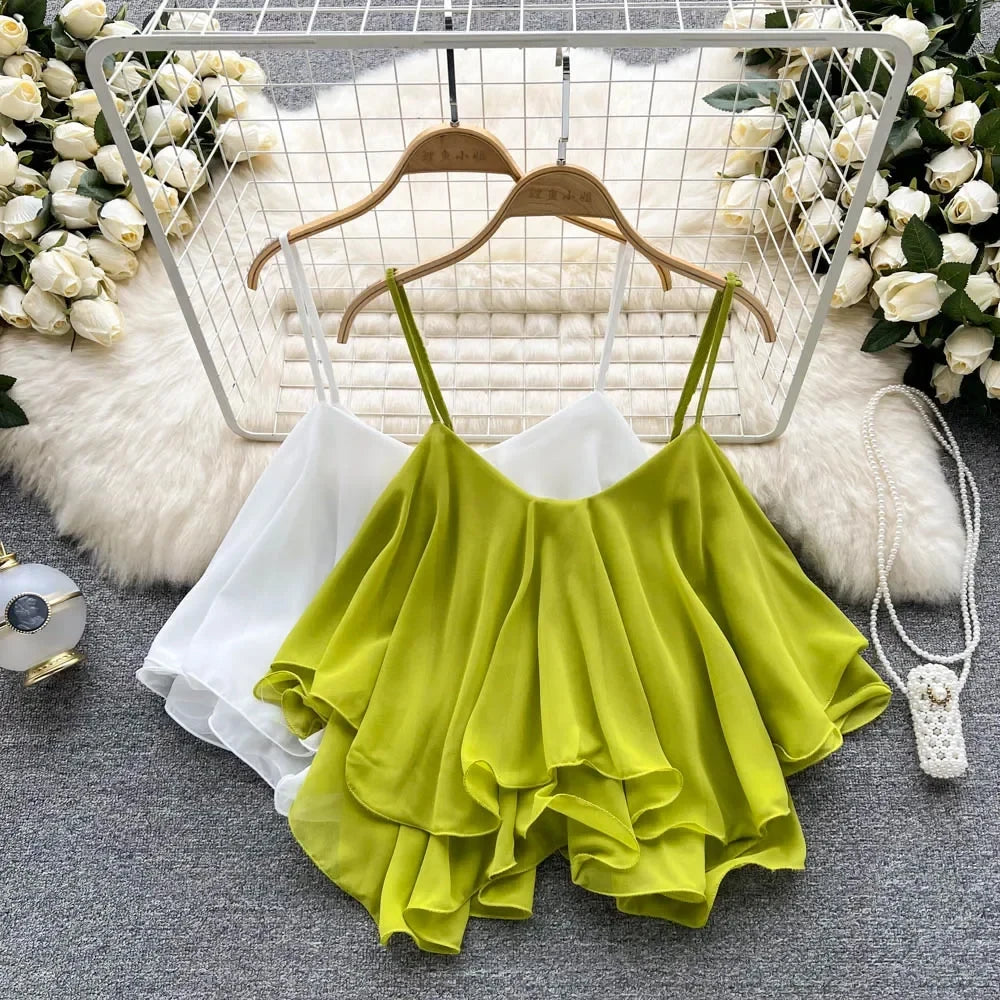 Crop Top Été Bretelles Fines Y2K – Volants Chiffon Femme