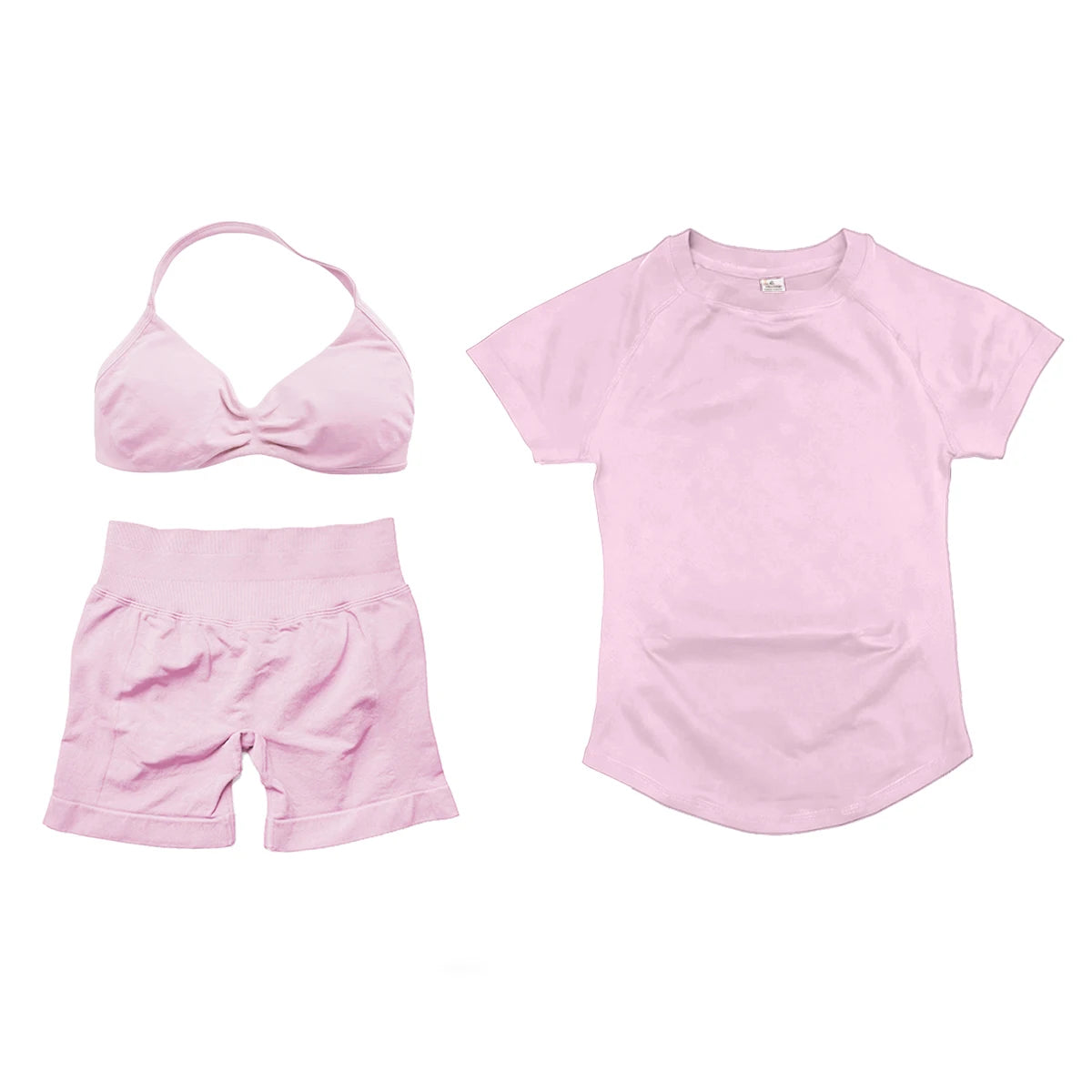 3 Pieces Gym Set Woman Seamless Short Sleeve Top & Scrunch Gym Shorts& Sport Strappy Bra Bodysuit Workout Suits Gym Clothes