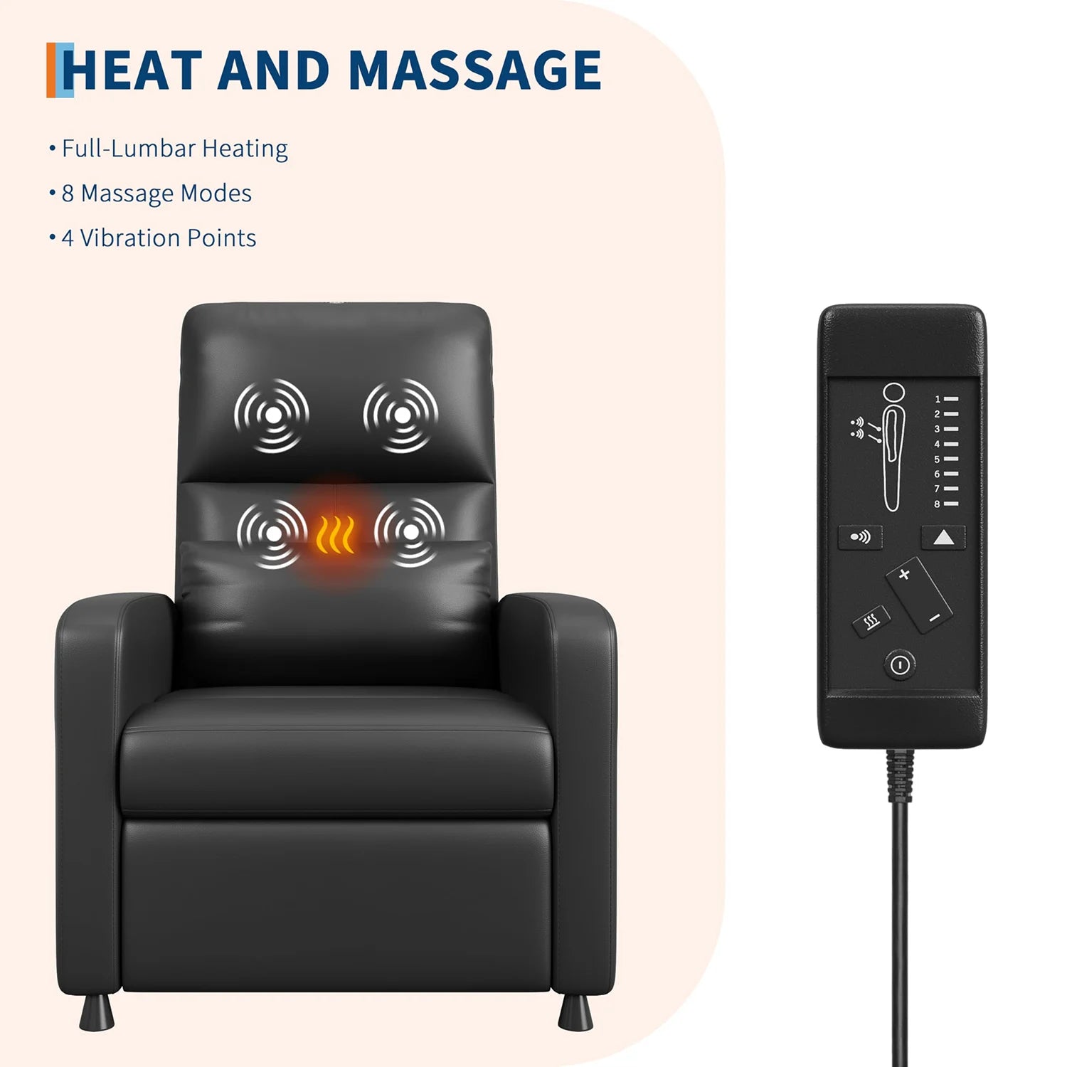 Power Recliner Chair with Heat & Massage, PU Leather Single Electric Sofa with Padd Seat & 2 Side Pockets for Living Room