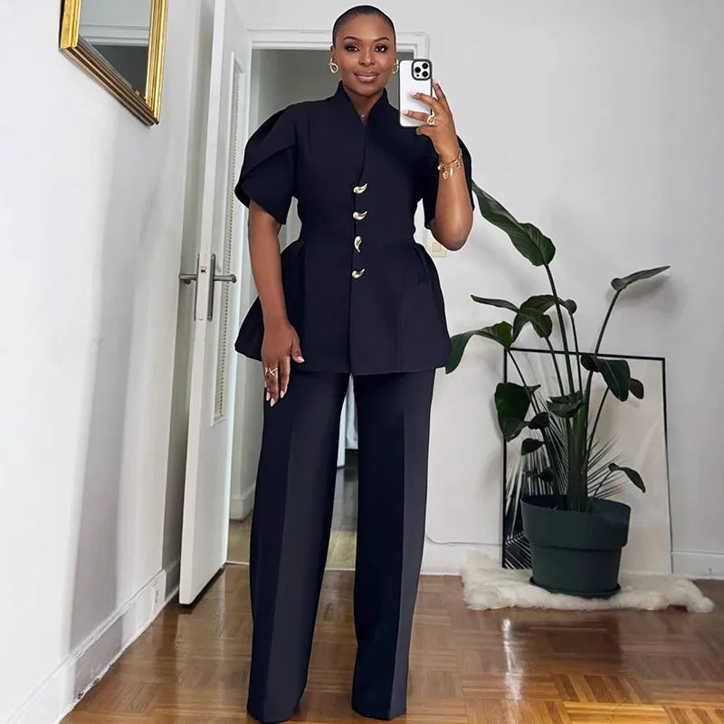 Ensemble vintage élégant en deux pièces pour femmes Ensembles assortis Office Lady à manches bouffantes à un seul boutonnage et costumes de pantalons à jambes larges