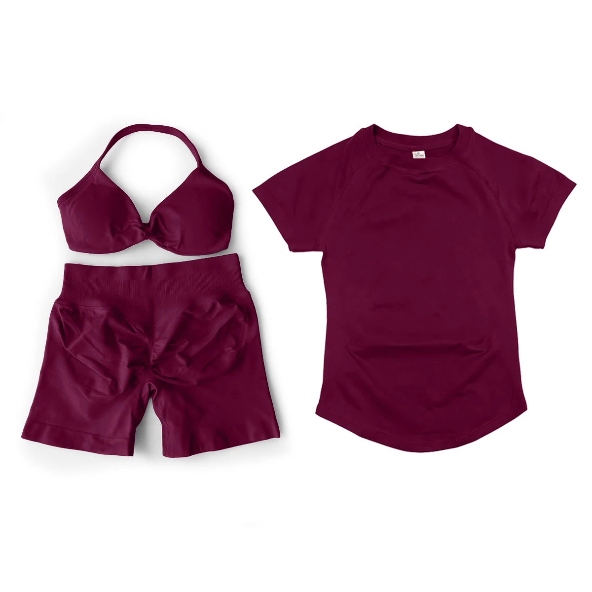 3 Pieces Gym Set Woman Seamless Short Sleeve Top & Scrunch Gym Shorts& Sport Strappy Bra Bodysuit Workout Suits Gym Clothes