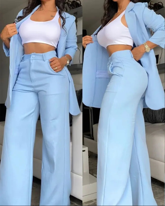 Ensembles de blazer élégant pour femmes Nouvelle mode d’automne Manteau à col claté pour femmes + pantalon design de poche Ensemble Travail Trajet Costume deux pièces