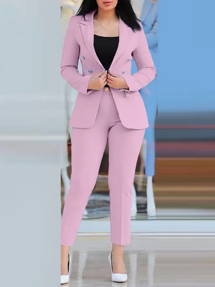 2Pcs Costume de couleur unie pour femmes + pantalon Ensemble deux pièces Slim Fit Business Fashion Double Breasted Formal Women’s Clothes Outfit