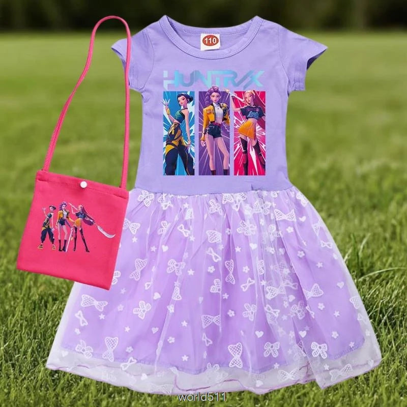 KPop Demon Hunters Rumi Dress Kids Summer Dress Baby Girl's Casual Dresses & Bag 2pcs Sets Lovely Wedding Party Princess Vestido