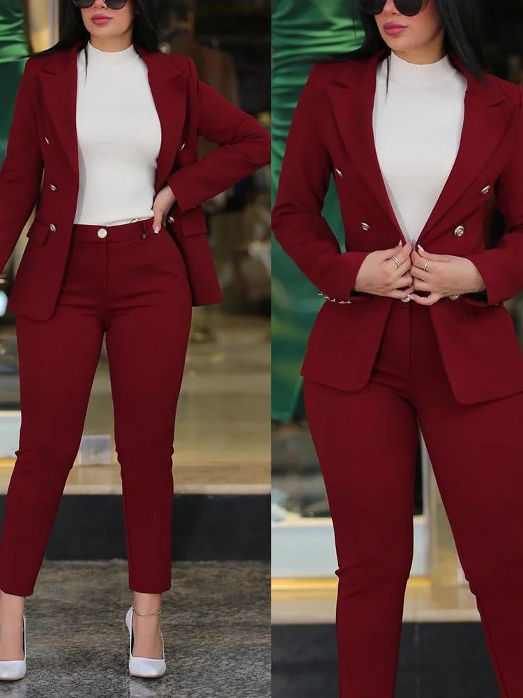 2Pcs Costume de couleur unie pour femmes + pantalon Ensemble deux pièces Slim Fit Business Fashion Double Breasted Formal Women’s Clothes Outfit
