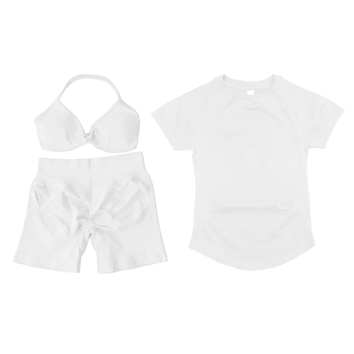 3 Pieces Gym Set Woman Seamless Short Sleeve Top & Scrunch Gym Shorts& Sport Strappy Bra Bodysuit Workout Suits Gym Clothes