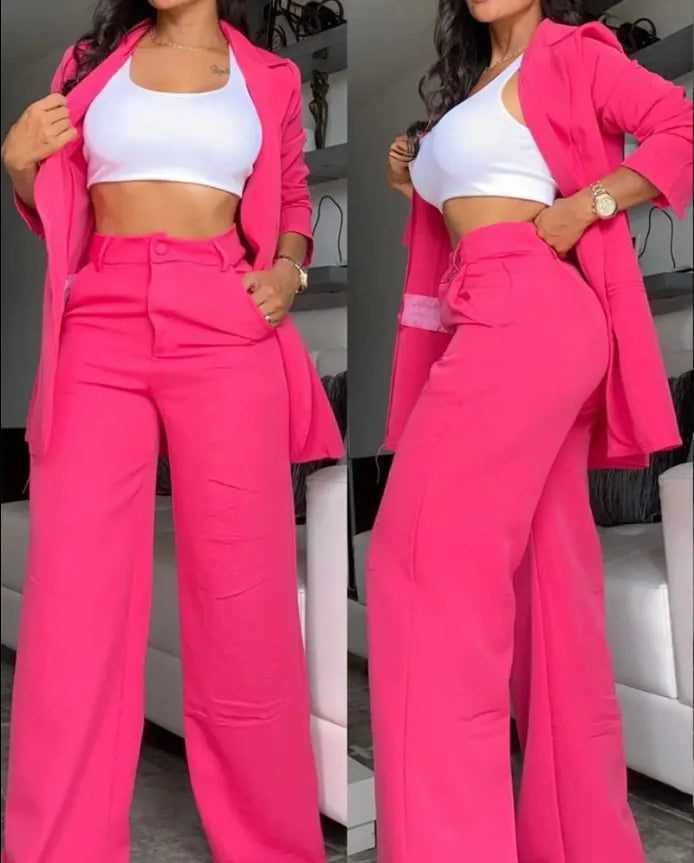 Ensembles de blazer élégant pour femmes Nouvelle mode d’automne Manteau à col claté pour femmes + pantalon design de poche Ensemble Travail Trajet Costume deux pièces