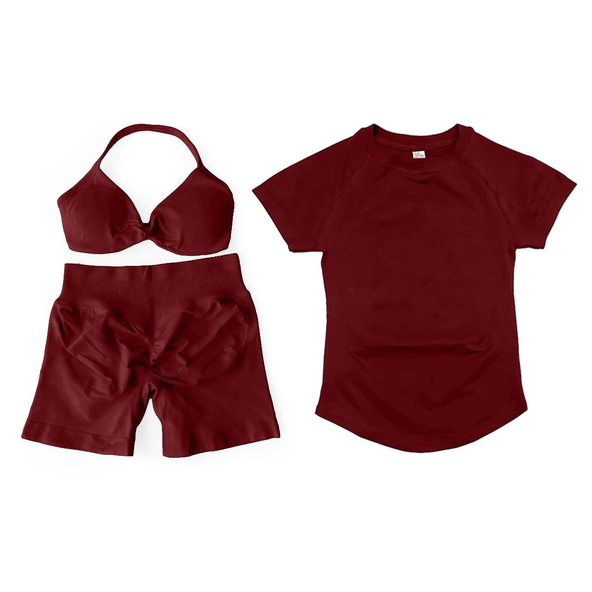 3 Pieces Gym Set Woman Seamless Short Sleeve Top & Scrunch Gym Shorts& Sport Strappy Bra Bodysuit Workout Suits Gym Clothes