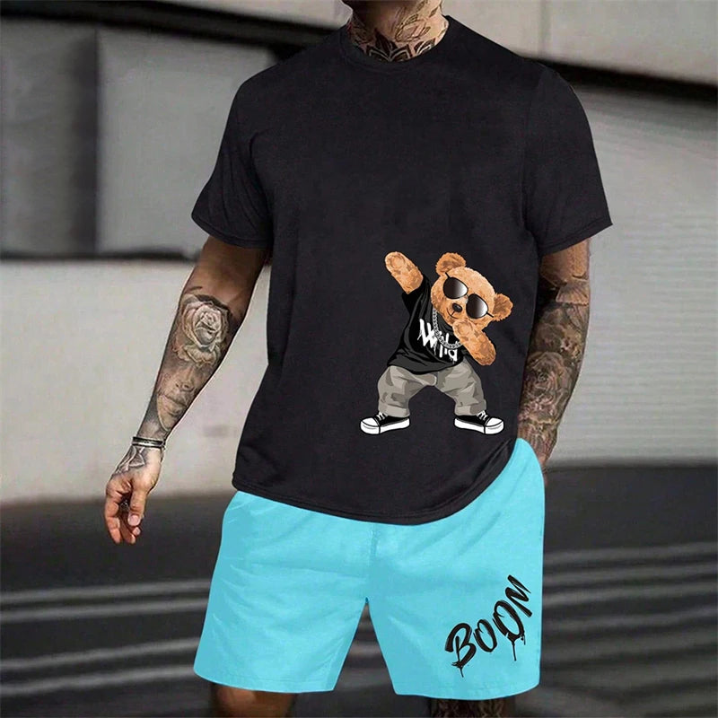 2026 Fun Bear Harajuku T-shirt Hommes Été Lâche Quotidien Couple Costume Extérieur Street Short à Manches Courtes Deux Pièces Costume D’Été Pour Hommes