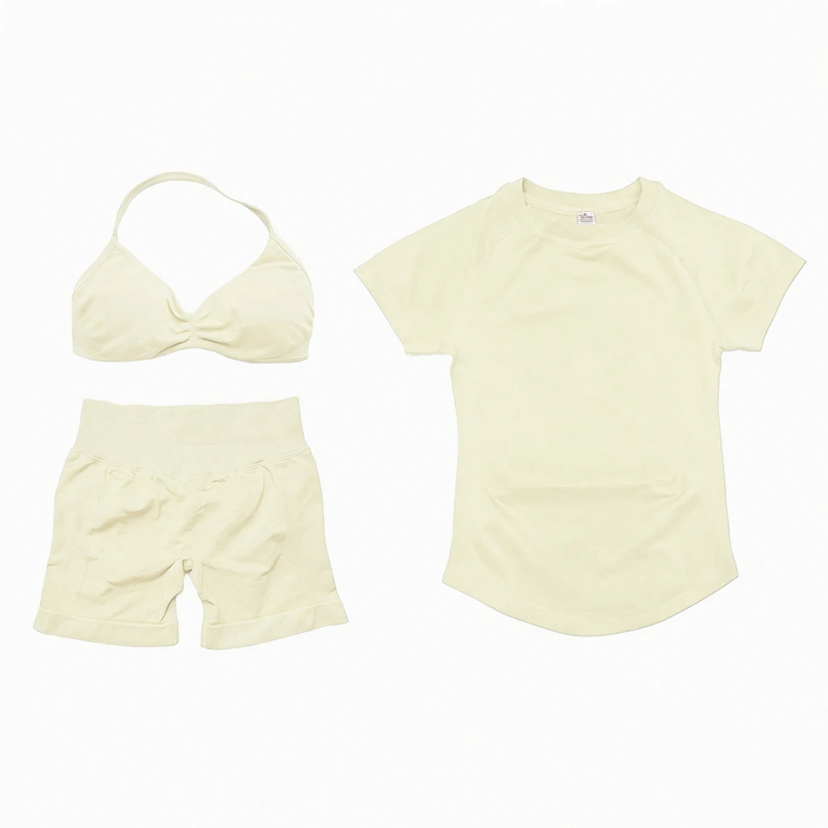 3 Pieces Gym Set Woman Seamless Short Sleeve Top & Scrunch Gym Shorts& Sport Strappy Bra Bodysuit Workout Suits Gym Clothes