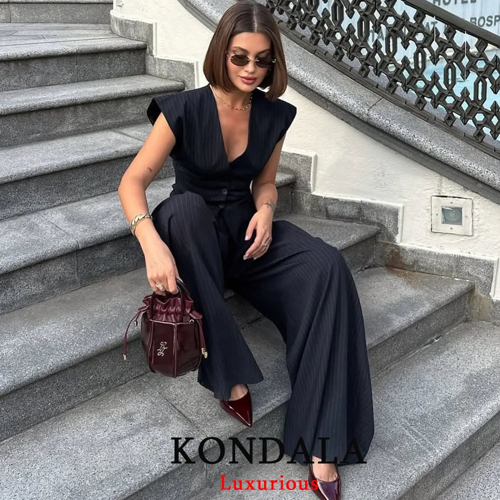 KONDALA Vintage Stripe Print Femmes Costumes V Neck Buttons Gilet Taille haute Pantalon à jambes larges Mode 2026 Printemps Été Costumes de bureau