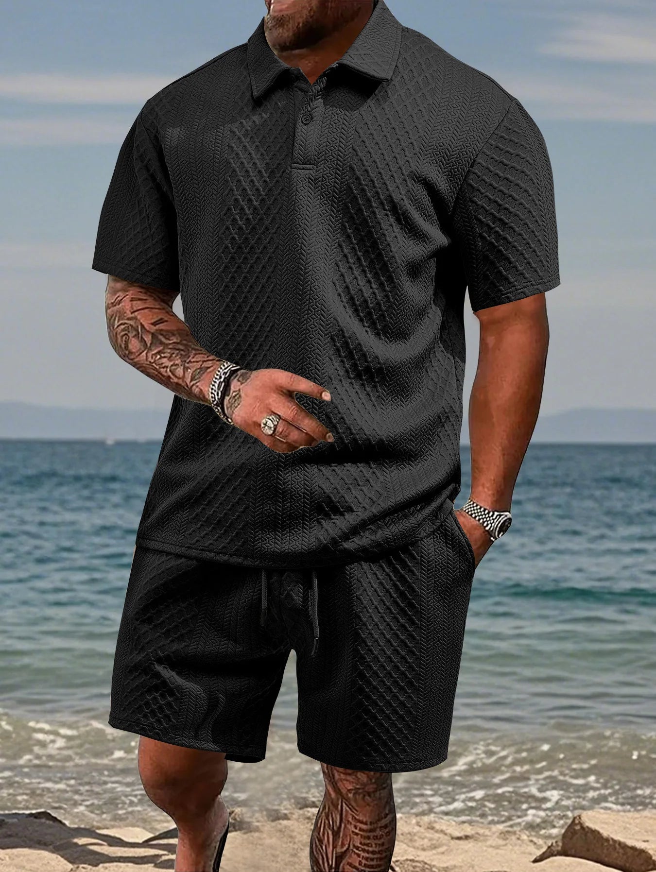 2025 Été Nouveau Décontracté Pour Hommes Avec Un Revers, Chemise Et Short À Manches Courtes Pour Hommes, Costume En Texture Jacquard