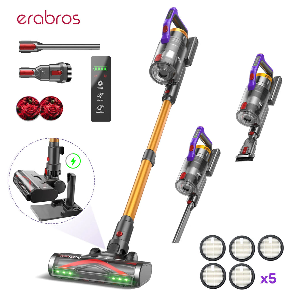 Erabros EV7 550W Moteur Aspirateur sans fil 70KPa Aspiration 70Min Temps d’exécution Base de stockage Base de stockage Stick Aspirateur avec conception aromatique