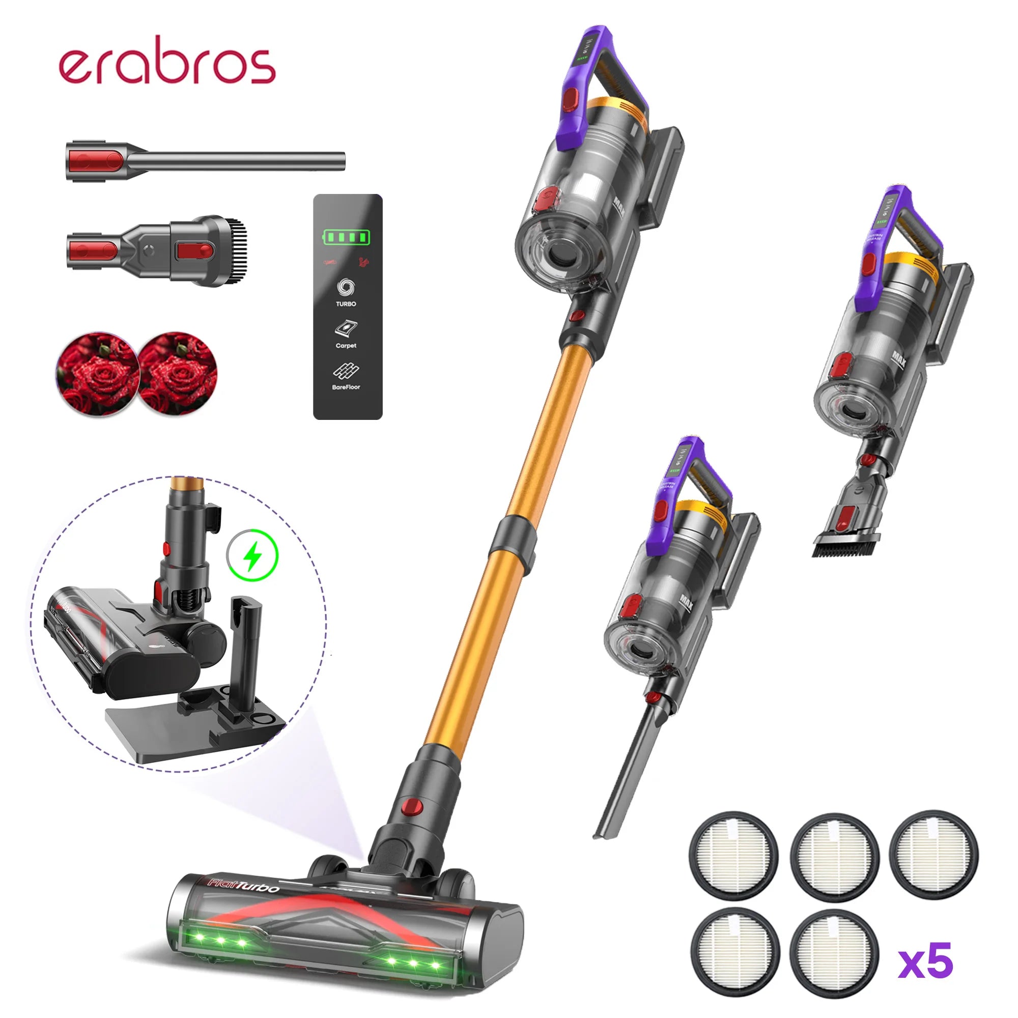 Erabros EV7 550W Moteur Aspirateur sans fil 70KPa Aspiration 70Min Temps d’exécution Base de stockage Base de stockage Stick Aspirateur avec conception aromatique