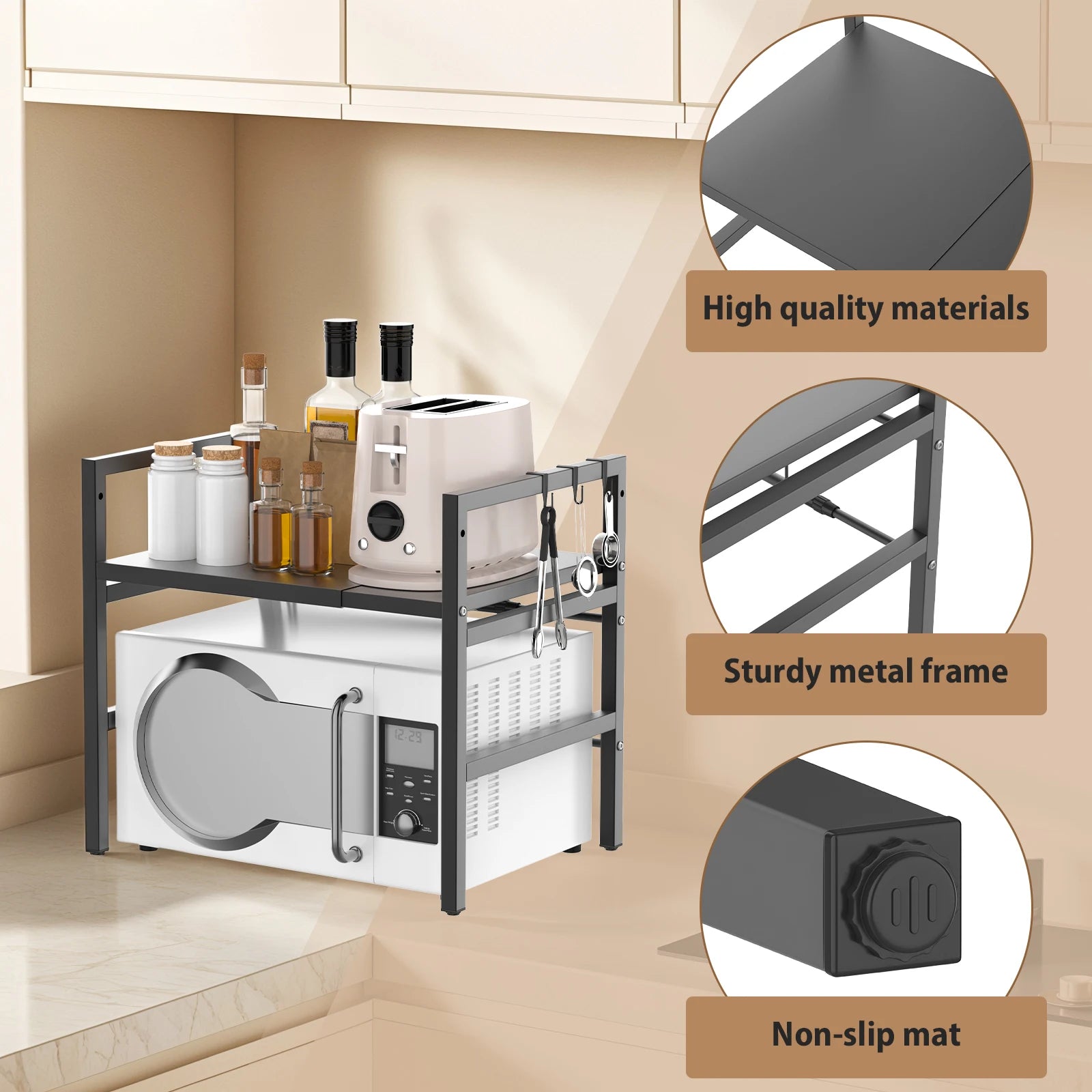 VickyHome Carbon Steel Thickened Retractable Kitchen Shelf Microwave Rack Oven Rack Rice Cooker Rack Storage Household 2/3 Layer