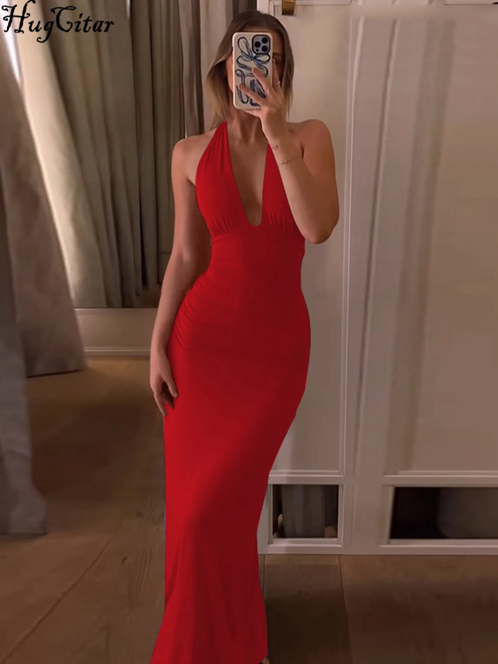 Hugcitar 2025 Summer Halter V Neck Ruched Backless Sexy Elegant Solid Bandage Maxi Dress Women Clothes Evening Party Festival