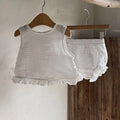 Été Bébé Fille Coton Douce Dentelle Bord Couleur Unie Fraise Gilet Grand P Shorts Ensemble Tenue Bébé