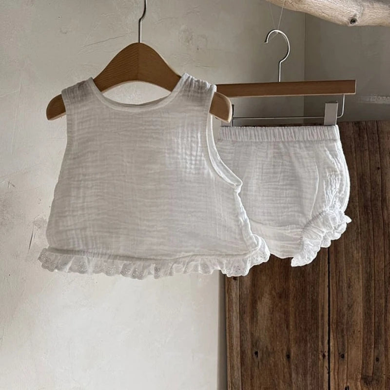 Été Bébé Fille Coton Douce Dentelle Bord Couleur Unie Fraise Gilet Grand P Shorts Ensemble Tenue Bébé