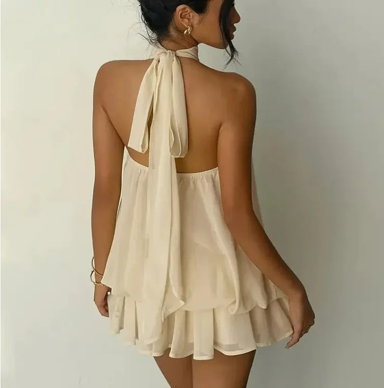 Robe  pour femme dos nu, cravate avant, mini-robe transparente en mousseline de soie, mode, sexy, vintage, robe d’anniversaire mignonne