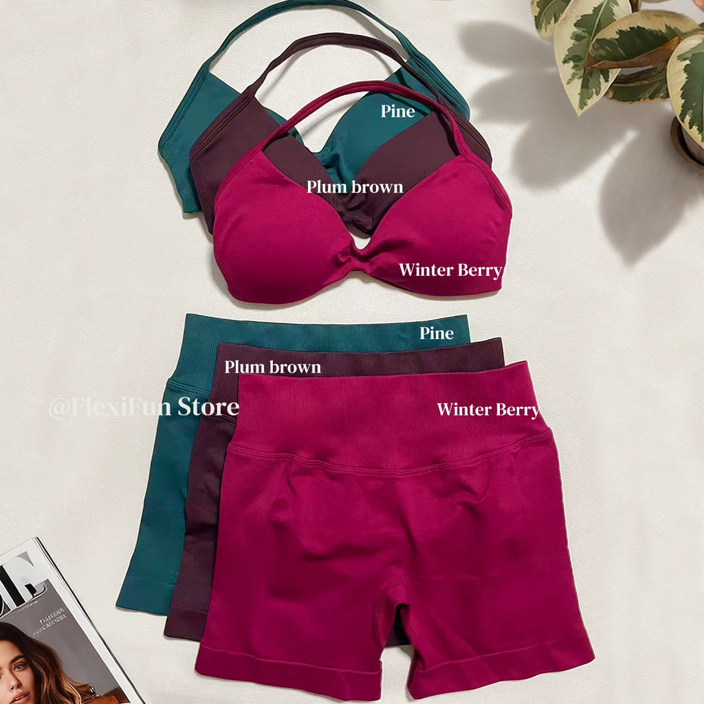 3 Pieces Gym Set Woman Seamless Short Sleeve Top & Scrunch Gym Shorts& Sport Strappy Bra Bodysuit Workout Suits Gym Clothes