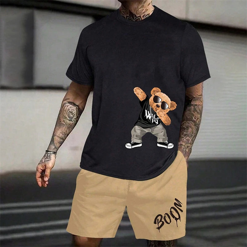 2026 Fun Bear Harajuku T-shirt Hommes Été Lâche Quotidien Couple Costume Extérieur Street Short à Manches Courtes Deux Pièces Costume D’Été Pour Hommes