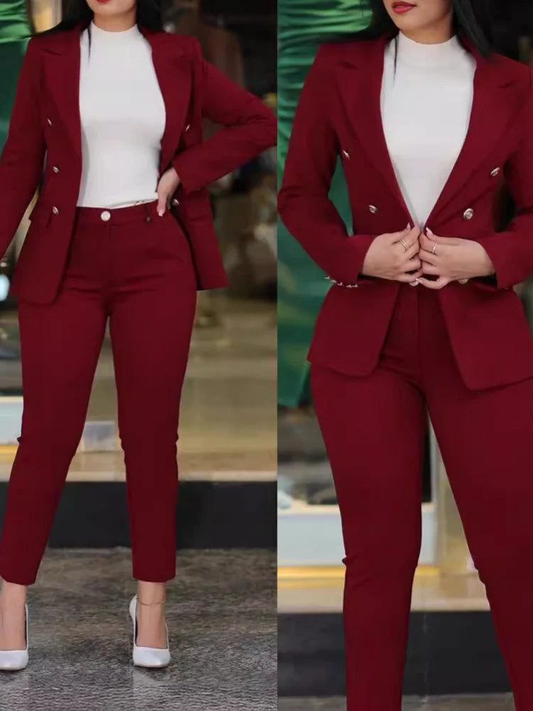 2Pcs Costume de couleur unie pour femmes + pantalon Ensemble deux pièces Slim Fit Business Fashion Double Breasted Formal Women’s Clothes Outfit
